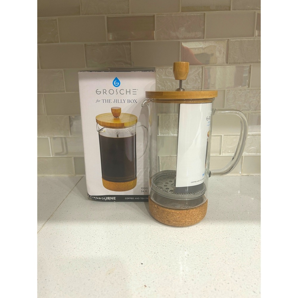 Grosche Coffee Press Jilly Box Glass French Press Bamboo Lid Cork Base Tea Time